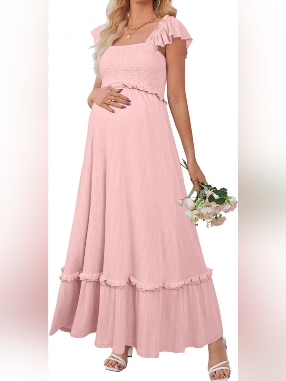 Ruffled Smocked Maxi Skirt in Blush Pink